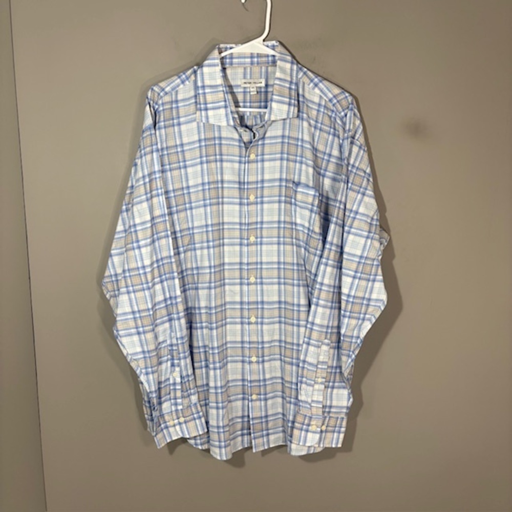 Peter Millar Shirt Mens 2XL Blue Plaid Long Sleeve Button Up Cotton Casual
